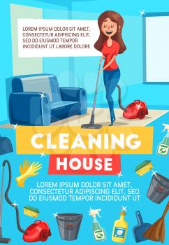 Cleaning house banner for housework themes design. Housewife or maid cleaning carpet with vacuum cleaner poster with frame of detergent spray, brush and sponge, mop, glove, broom and bucket