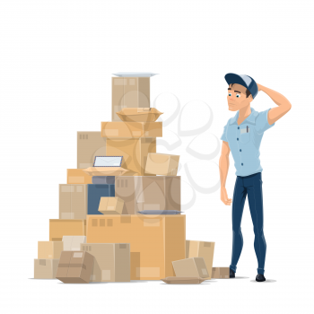 Post mail delivery flat icon of postman and parcels stack for shipping. Vector design of mailman in uniform looking thoughtfully at mail boxes and letters with delivery stamps