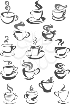 Coffee house, cafeteria or cafe cups vector icons or templates set for menu or sign. Vector symbols of hot chocolate mug, strong espresso cup or latte macchiato and americano frappe for coffee shop