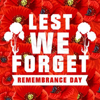 Vector poster for Remembrance day with red poppies on background. Lest we forget concept. Creative vector banner for 11 of November, also known as World Remembrance day and Poppy Day