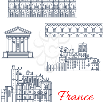 France famous travel architecture landmarks icons. Vector historical French buildings line facades of Saint Nazaire and Just cathedrals in Narbonne, Gard bridge and arena or Corinth temple in Nimes