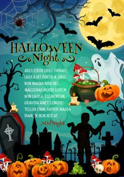 Halloween holiday night monster festive banner for horror party invitation. Fear pumpkin lantern, ghost and bat, spider net, zombie and mummy at cemetery with full moon, gravestone and coffin