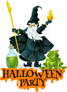 Halloween party festive badge with evil wizard. Old magician in magic hat with witch potion and fireball for autumn horror holiday celebration greeting card design