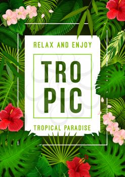 Tropical jungle palm leaf and exotic flower banner for summer season holiday and vacation template. Banana and fan palm green foliage, hibiscus, orchid and monstera plant floral card design