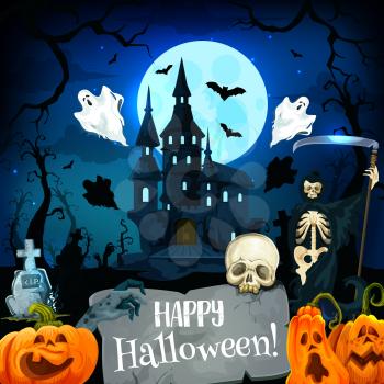 Halloween horror castle and cemetery greeting card for autumn holiday celebration. Scary pumpkin lantern, bat and ghost, full moon, skull and skeleton for night party invitation poster design