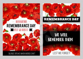 Remembrance Day memorial poster with British legion poppy flower. World War soldier and veteran commemorate anniversary floral banner design with red poppy flower and bud