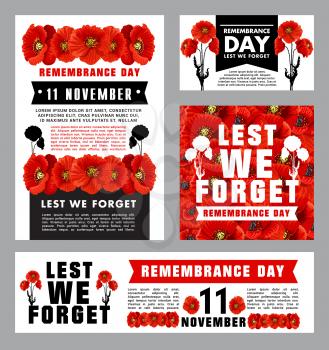 Remembrance Day memorial card template with british legion red poppy. World War army force, soldier and veteran Memory day floral banner with flower of poppy and ribbon for 11 November anniversary