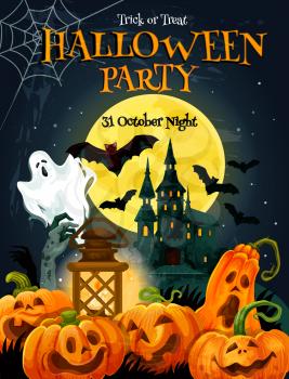 Halloween party poster for autumn holiday celebration. Ghost haunted house under full moon night sky with bat, ghost and zombie invitation banner design, decorated by pumpkin lantern and spider net