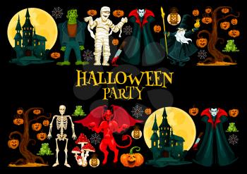 Halloween holiday night party invitation card. Horror pumpkin lantern, ghost haunted house and skeleton, moon, vampire and mummy, devil, zombie and wizard for Halloween festive banner border design