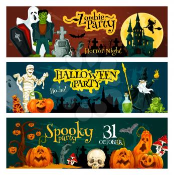 Halloween zombie party invitation banner of october holiday horror night celebration. Spooky pumpkin, ghost and bat, zombie, creepy house and cemetery, mummy, wizard and skeleton skull for card design