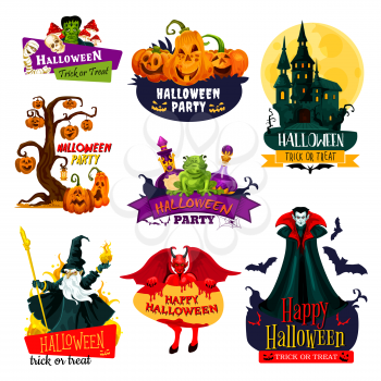 Halloween monster icon set. October horror holiday pumpkin lantern, ghost house and skeleton skull, bat, zombie, vampire and devil demon, evil wizard and witch potion bottle badge with ribbon banner