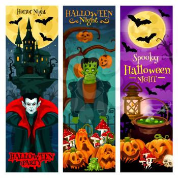 Halloween monster party invitation banner for october holiday celebration. Horror zombie, vampire and spooky ghost house, pumpkin lantern, bat and full moon, cemetery and potion for promo flyer design