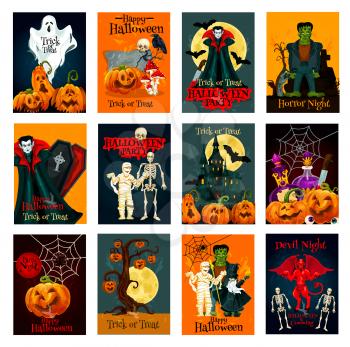 Halloween holiday trick or treat greeting card set. Halloween pumpkin lantern, spider and bat, ghost, skeleton skull and zombie, Dracula vampire and haunted house, devil, mummy and moon card design