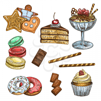 Cake and dessert, pastry and bakery shop sweet food. Chocolate, vanilla cream cupcake and donut, ice cream sundae, cookie, wafer tube and macaron isolated vector sketch