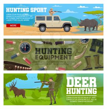 Deer hunting and african safari. Hunter aiming gun at elk and rhino. Hunter equipment with knife, binoculars and cartridge ammunition, horn, boots and cartridge belt