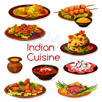 Indian cuisine traditional dishes with meat and fish. Vegetarian rice pilaf with grilled chicken and baked fish, tomato fish, vegetable and chicken salad, carrot pudding and fruit dessert