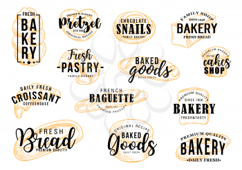 Bakery bread or pastry sketch lettering, baker shop or patisserie. Vector calligraphy of pretzel bagel, sweet cake and croissant desserts, rye baguette or chocolate pie and loaf