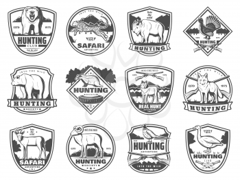 Hunting club icons of wild animals and birds, guns. Hunt open season. Vector set of rifle bullets and traps, bear and badger, African safari cheetah panther and buffalo, wolf and gazelle, pheasant and duck