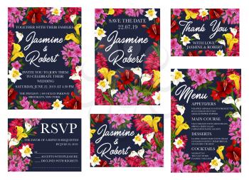 Save the Date or wedding and RSVP greeting and invitation cards templates. Vector design of blooming pink and red floral blossoms frame with bride and bridegroom names for engagement party