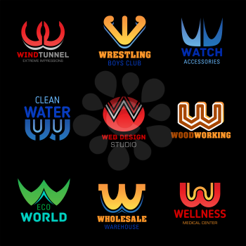 Letter W for company brand name and corporate identity design. Vector abstract Z icons wrestling club, watch shop or water industry and web design studio or woodwork service and eco project or trade