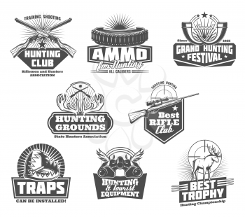 Hunting club badges of hunter equipment and wild animals traps. Vector icons of hunt open season horn, elk antlers trophy in binoculars and bullet magazine for tourist adventure trips