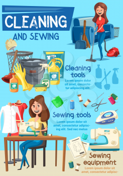 Cleaning and sewing household chores, housekeeping tools and equipment. Housewife young woman with vacuum cleaner, bucket and glove, sewing machine, iron and detergent bottle