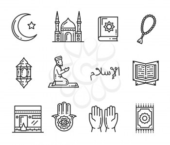Islam religion and culture symbols. Muslim mosque, crescent moon and star, Ramadan lantern, Holy Quran book and arabic calligraphy, prayer or salah on knees, rosary and hamsa hand icons