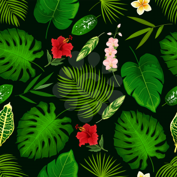 Tropical palm leaf and exotic flowers pattern background. Vector seamless design of hibiscus, banana palm or monstera leaf and fern plant, cyperus or orchid and plumeria or tropic lily blossom