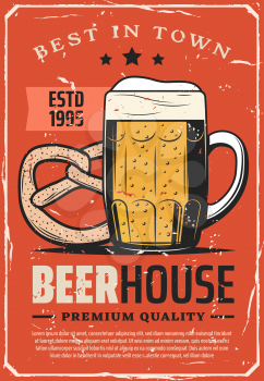Beer house or brewery bar best in town advertisement retro poster. Vector red vintage design of craft or draught beer in glass mug with froth and pretzel bread snack with premium quality stars