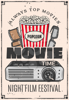 Movie retro advertisement, cinema bar bistro snacks menu. Vector vintage design of popcorn bucket, 3D glasses and film with video player or projector. Night film festival theme