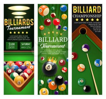 Billiard championship or snooker pool tournament announcement banners. Vector design of billiard balls on green table with cues and triangle rack or golden stars for sport game team or league contest
