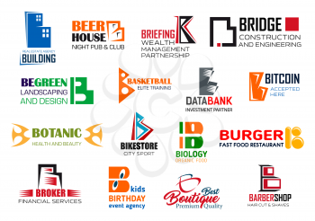 Corporate identity letter B business icons. Vector building and entertainment, management and engineering, landscaping, sport and finance. Digital money and botany, food, fashion and barbershop