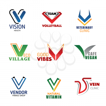 Letter V business corporate identity icons. Vector V font symbols of vision health, volleyball sport team club, veterinary clinic or eco village and vegan cafe or vendor finance group and vein clinic