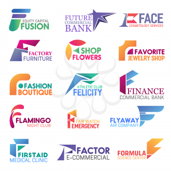 Corporate identity letter F business icons. Vector finance and beauty, furniture and floristry, jewelry and fashion, sport and banking,. Entertainment and security, transportation and medicine, science