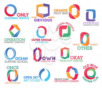 Corporate identity letter O business icons. Vector cleaning and food, banking and entertainment, ecology and travel, hobby and shopping. Health and design, art and medicine, hunting isolated