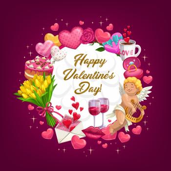 Valentines Day hearts, flowers and gifts vector design of romantic love holiday greeting card. Wedding ring, chocolate cake and balloons, love letter, Cupid and bouquet of tulips, kiss lips and wine