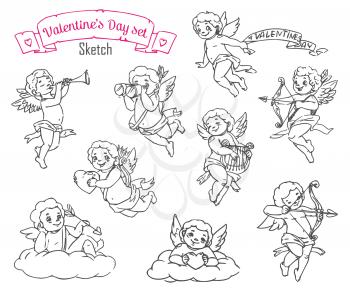 Valentines Day Cupids vector sketches with angels or cherubs of romantic love holiday. Amurs with hearts, wings, arrows and bows, harp, pipe and spyglasses, god of love, passion or attraction design