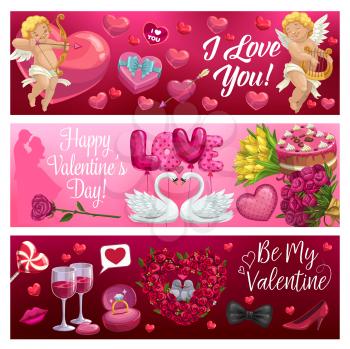 Valentines Day love holiday gifts vector greeting banners. Hearts, balloons and chocolate cake, wedding ring, Cupids and flowers bouquet, candy, loving couple of birds and wine, Amurs arrows and bows
