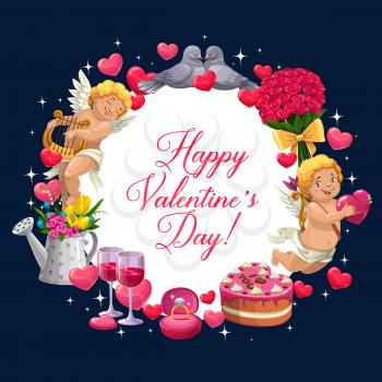 Valentines Day gifts, Cupids and hearts vector design of romantic love holiday greeting card. Rose flowers bouquet, wedding ring and chocolate cake, Amurs with arrows, wine and couple of birds