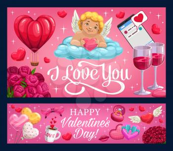 Cupid with hearts and Valentines Day gifts, greeting banners of romantic love holiday design. Rose flowers, wedding ring and balloons, wine, kiss lips and I Love You message