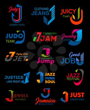J letter vector icons, business corporate identity symbols. J sign of travel agency, sport team club or music festival and law justice, jewelry jeans clothing shop