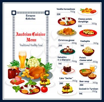 Austrian cuisine menu, food vector. Vanilla horseshoes and cheese potato dumplings, Christmas goose and vasilopita, galushka and salad. Cake sacher and beer soup, goulash in Tyrolean