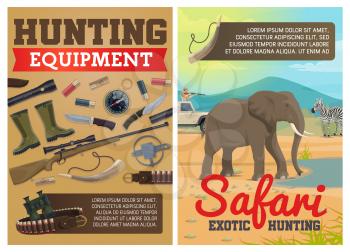 Safari hunting ammo equipment and hunter traps. Vector exotic hunt elephant and zebra animals in savanna, hunter in pickup car with rifle carbine, crossbow arbalest or knife and compass