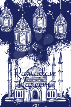 Ramadan Kareem festive lantern and islam religion mosque sketches. Muslim masjid, crescent and arabian lamps, islamic calendar fasting month Ramazan vector design