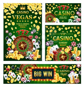 Casino, gambling game roulette and poker playing cards, dice, chips and golden coins, slot machine 777 and marquee board 3d vector. Entertainment, gaming industry and leisure activity themes