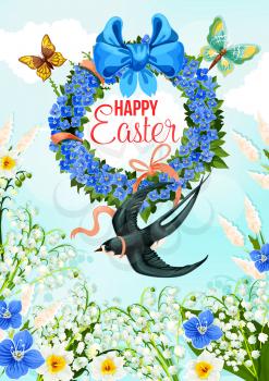 Happy Easter greeting card with spring holiday flower wreath. Flower field with daffodil, lily of the valley and forget-me-not floral banner, adorned with ribbon bow, batterfly and swallow bird