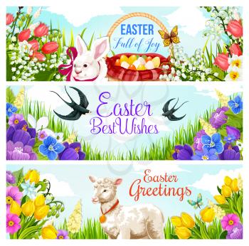 Easter Holiday greeting card for spring season celebration. Egg hunt basket, rabbit bunny, flower and butterfly, lamb, ribbon and swallow bird, daffodil, tulip and crocus blossom with greeting wishes