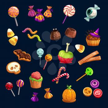 Halloween Trick or Treat party scary candy sweets and lollipops. Vector eye, gingerbread skull or monster and witch hat cake, jellybean with pumpkin or bat chocolate cookie