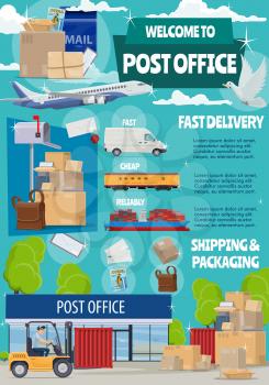 Post mail delivery office, postage logistics. Vector postman or mailman in car moving boxes in warehouse, envelopes and parcels, air and train or truck transport vehicles. Mail shipping concept