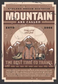 Mountain outdoor adventure, forest camp, travel expedition and trekking activity retro vector poster. Tourist equipments, hiker and climber gears, apparel, boots and mat, extreme sport, camping design